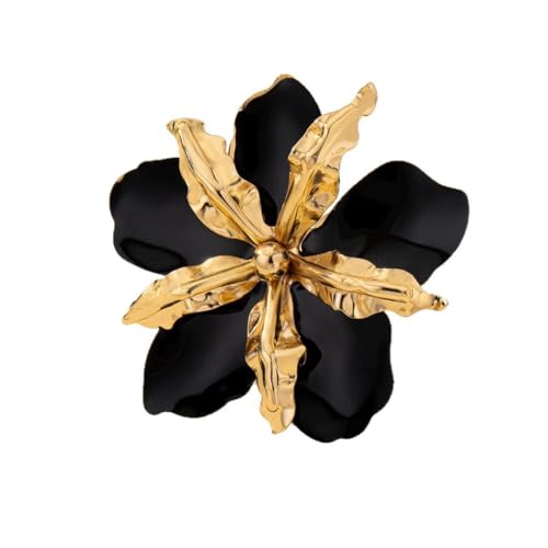 Retro Large Gold Leaves Black Red Enamel Flower Ring for Women Jewelry Gift | Bold Oil Drip Light Red Floral Irregular Petals Statement Gold Leaf Joint Finger Ring Punk Vacation Y2k Party Boho Accessory - color: Black