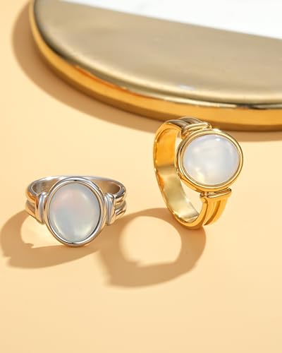 YeGieonr Gold Rings for Women Trendy Non Tarnish Chunky Gold Plated Ring, Waterproof Stainless Steel Gold Jewelry Gift - color: Mother of Pearl Silver, size: 6