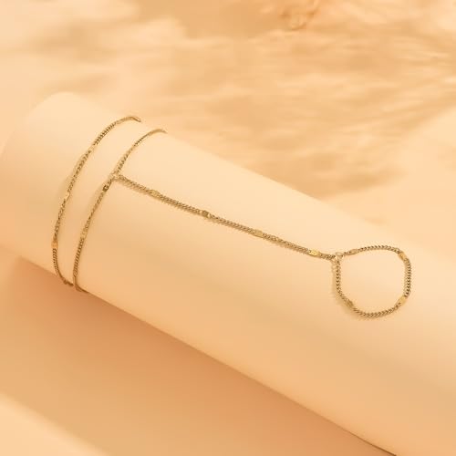 Dainty 18K Gold Plated Tiny Bracelets with Finger Ring for Women | Waterproof Hypoallergenic Adjustable Hand Harness Chain Jewelry - color: Double Layer Dot-GD