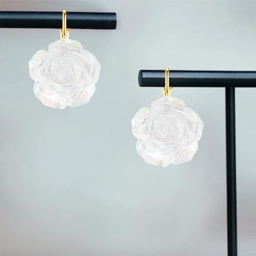 Handmade Bohemian Aesthetic Dainty Acrylic Flower Petal Leverback Earrings Sparkly 14K Gold Floral Dangle Drop Earrings for Women - color: White