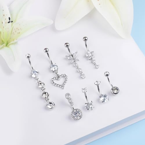 LEE&RO Belly Button Ring Dangle Stainless Steel Belly Rings 14G Belly Button Piercing Cute Navel Ring Belly Piercing Jewelry - style: 8Pcs-Silver