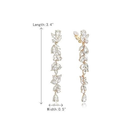 Crysdue Clip On Earrings for Women Rhinestone Crystal Teardrop Cluster Wedding Bridal Non Pierced Long Dangle Earring for Prom Party - color: Clear Gold-Tone