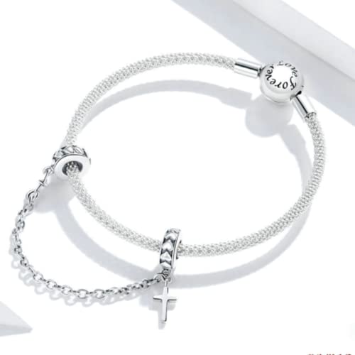 Heart Charm Clip Lock Spacer Stopper Charm Bead Bracelet 925 Sterling Silver Charms Safety Chain for Pandora Bracelets - color: Love Cross Safety Chain
