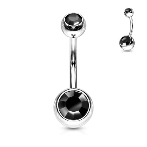 Belly Button Piercing Ring 14 Gauge Surgical Steel - color: Double BLACK CZ gem