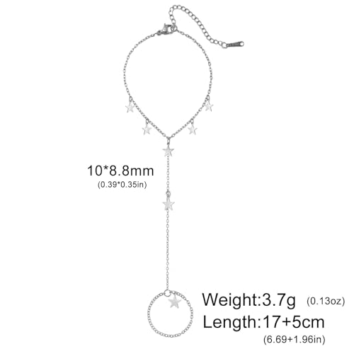 Y2k Stars Tassel Charm Hand Chain Bracelets for Women Dainty Polished Minimalist Link Ring Bracelet Stackable Stainless Steel Adjustable Chain Non Tarnish Fashion Jewelry Gifts - color: Silver