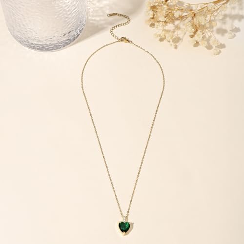 Heart Birthstone Necklace for Women, 14K Gold Plated Birthstone Pendant Necklace Cubic Zirconia Diamond Necklace Dainty Gold Necklace Birthday Gifts for Women Girls - color: 05. May(Emerald)