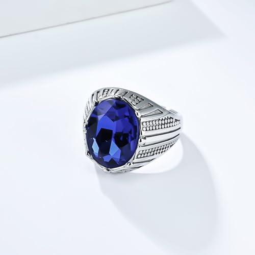 Men Engagement Ring Stainless Steel, 20MM Wide Signet Ring with Oval Blue Glass Stone, Silver, Size 12