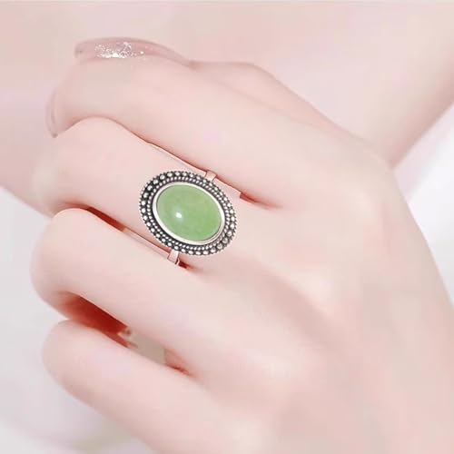 Natural Oval Stone Boho Ring,Retro Antique S925 Sterling Silver Crystal Quartz Gemstone Bohemian Statement Handmade Ring Jewelry for Women Her - color: B01_Dongling Jade