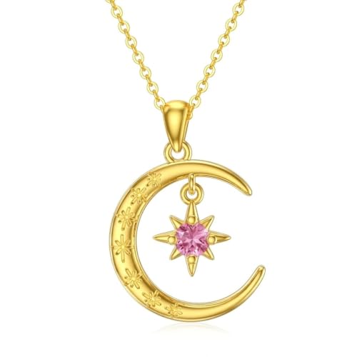Moissanite Moon and Star Necklace 925 Silver Birthstone Gifts for Women | Sterling Silver Sun and Moon Pendant Elegant Jewelry Birthday Gifts for Wife Mom - color: B:Moon and Star-Birthstone-10