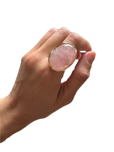 Natural Stone Adjustable Finger Rings Semi Precious Oval Shaped Gemstone Jewelry For Women Anniversary Birthday Wedding Gift - color: Rose Quartz