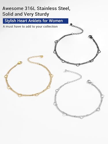 PROSTEEL Ankle Bracelets for Women, Silver/Gold/Black, Waterproof Anklets | Waterproof, Stainless Steel, Summer Beach Jewelry, Durable & No Tarnish, Come with Gift Box, 8-10.5" Adjustable, Plus Size - color: I: Silver-6 Heart Layered
