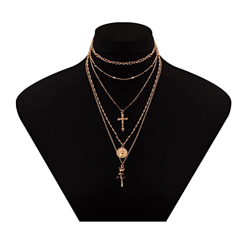 PLOUTOS Cross Coin Rose Layered Multi Chain Choker Necklace Set For Women Rhinestone Gold Silver Five Layer Adjustable Statement Fashion Chunky Boho Punk - color: Gold