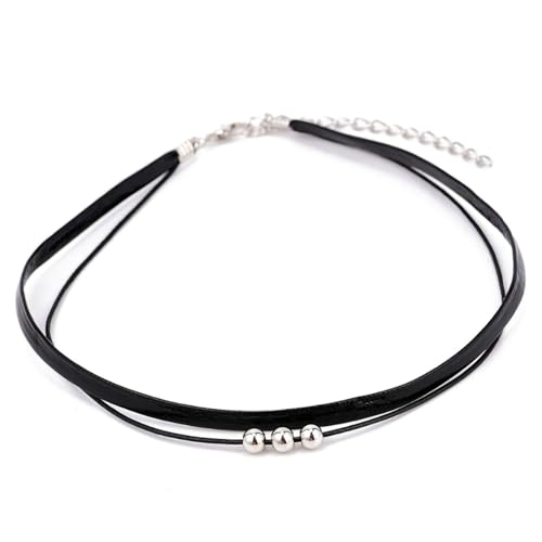 Fesciory Black Necklaces for Women, Adjustable Layered Velvet Leather Lace Collar Necklace, Goth Jewelry Gifts. - color: 3Beads