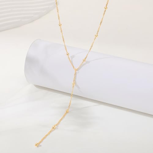 CAROVO Gold Necklace for Women Dainty Long Necklace 14K Gold/Silver Lariat Y-Shaped Pendant Necklaces Trendy Layered Lip Cubic Zirconia Beaded Chain Drop Necklaces Jewelry for Women Gifts - color: Gold, style: A: Gold Y Necklace Bead-258