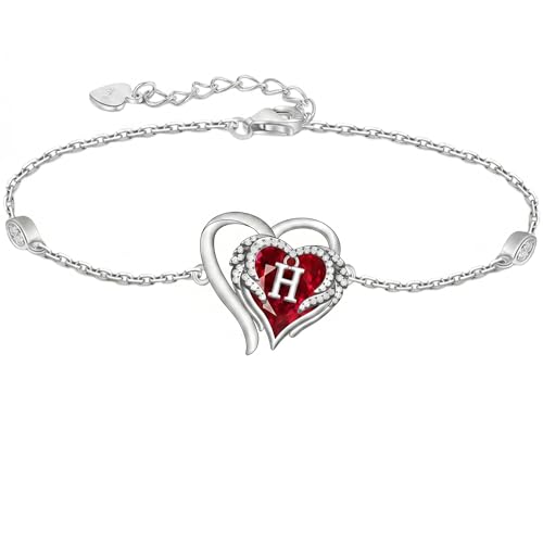 Initial Bracelet for Women 925 Sterling Silver Heart Angel Wings Initial Bracelet Anniversary Birthday Mothers Day Jewelry for Mom Her Wife - color: H
