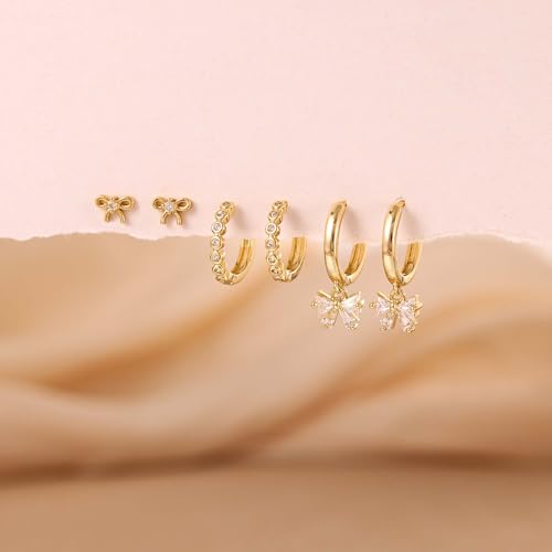 Freekiss 3 Pairs Hoop Earrings Set - Dainty Stud Dangle Cartilage for Women | Hypoallergenic Earrings, Cubic Zirconia Stackable Trendy Small Set Jewelry Gifts for Women - style: Bow Set-GD