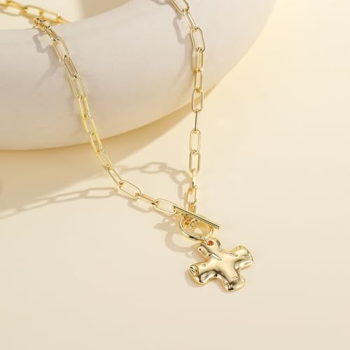 Joxevyia Gold Cross Necklace for Women Hammered Cross Pendant Toggle Clasp Paperclip Chain Statement Choker Bold Faith Jewelry Gift - color: gold cross necklace, size: 16 inches