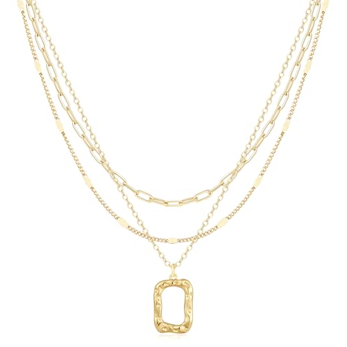 Gold Necklace for Women 14K Gold Plated Layered Cross Bar Necklace Herringbone Figaro Paperclip Flat Chain Cute Charm Accessories Non Tarnish Jewelry Set Gifts for Women - style: R-NK-07-Rectangle circle-GD