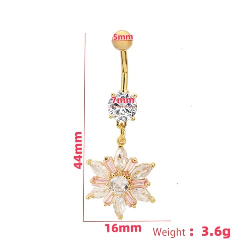 14G Dainty Rhinestone Flower Dangle Navel Ring for Women Fashion Statement Snowflake Crystal Drop Belly Button Rings Sparkly CZ Barbell Stud Sexy Body Piercing Jewelry - color: Gold