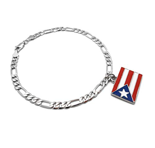 Women's Flag Pendant 5mm 10" Figaro Chain Ankle Bracelet Anklet - style: Puerto Rico/Silver-Tone