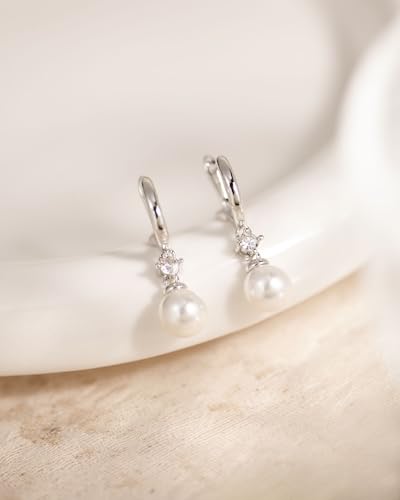 Pearl Earrings for Women Trendy Dainty Wedding Earring 14K Gold Plated/Silver Plated Dainty Cute Drop Dangle Pearl Earrings Studs Hypoallergenic CZ Diamond Wedding Earrings for Brides Prom Jewelry Gift for Women - color: 08.Silver hoop