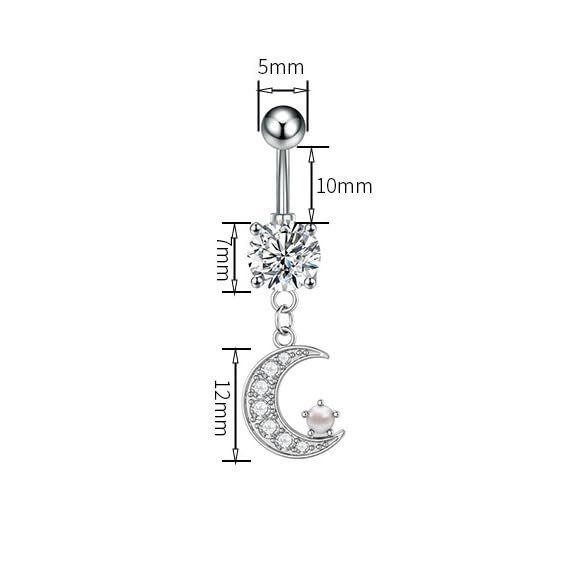 14G Surgical Steel CZ Moon Dangle Belly Button Rings for Women Tiny Faux Pearl Paved Crystal Crescent Moon Dangling Belly Rings Navel Curved Barbell Piercing Jewelry