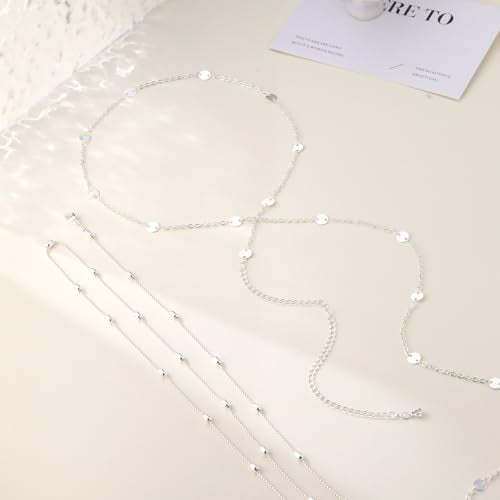 CAROVO Belly Waist Chain for Women 14K Gold Silver Plated Layered Body Chains Boho Cuban Figaro Pearl Heart Coin Satellite Bead Belly Chain Sexy Bikini Body Jewelry for Women Adjustable - style: B:Coin Bead SL