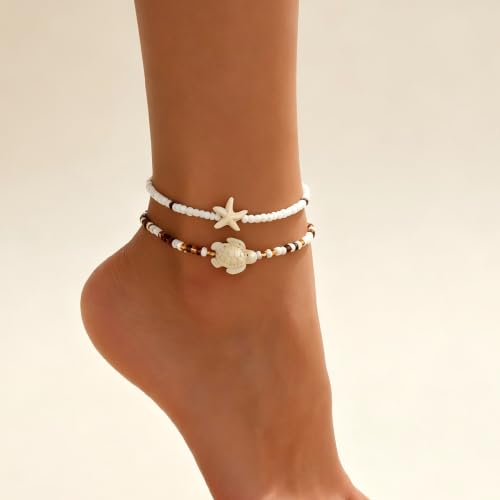 QWALIT 2pcs Boho Anklet Adjustable White Beads Bracelet Anklet for Women Waterproof non Tarnish Sea Turtle Starfish Pendant Beaded Anklets Stackable Plus Size Beach Jewelry Summer Vacation Accessories