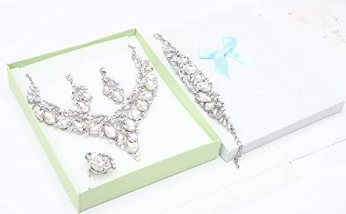 Jewelry Set for Women, Statement Necklace Dangle Earrings Bracelet Ring, White/KC Gold Plated Jewelry Set with Rhinestone Pearl Crystal Wedding Party Jewelry for Bridal Bridesmaid - color: White-Platinum Plated
