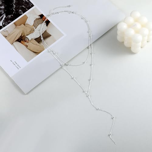 Foxgirl Lariat Gold Necklace for Women, Dainty Long Necklace 14k Gold Plated/Silver Y-Shaped Pendant Necklace Trendy Layered Cz Beaded Chain Drop Necklaces Simple Gold Jewelry For Women Gift - color: Y Layered Bead Necklace-SL