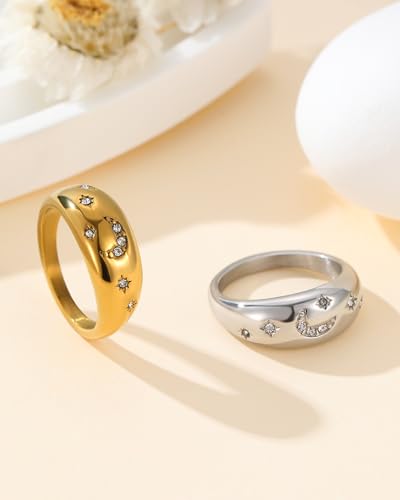 YeGieonr Gold Rings for Women Non Tarnish, 18K Gold Plated Stainless Steel North Star Signet Ring, Waterproof Dainty Pinky Statement Ring, Tarnish Free Gold Jewelry for Women - color: Moon&Star Dome Silver