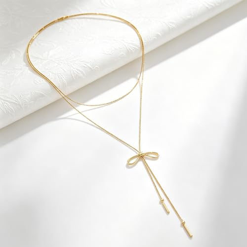 YUJIE Long Gold Y Necklace for Women - Adjustable Lariat Pendant Snake Chain, 14K Gold Plated Dainty Teardrop Necklace for Trendy & Formal Wear - color: bow