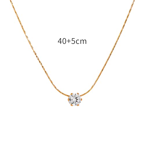 Titanium Steel Cubic Zirconia Pendant Necklace for Women, 1 Piece 16"+2" Adjustable Hypoallergenic Non-Tarnish Dainty Rolo Chain, Minimalist Sparkly Everyday Solitaire Necklace - color: Gold