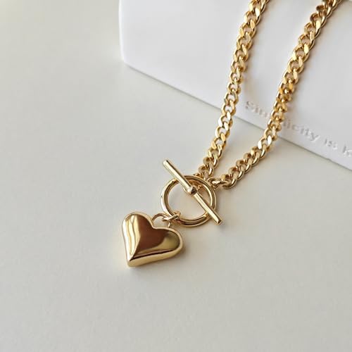 Zeffy Dainty Gold Heart Necklace for Women Trendy 14K Gold/Silver Plate Cute Heart Pendant Choker Necklaces Gold Love Heart Chain Necklace for Women Dainty Gold Jewelry Gifts for Women - style: Chunky Puffy Heart Necklace-Gold