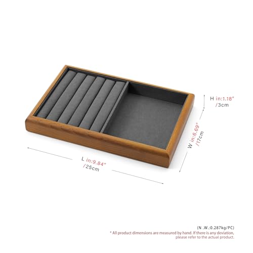 Oirlv Wood Jewelry Ring Display Tray Dark Grey | Solid Wood Frame, Soft Microfiber Interior, 9.84X17X1.18In Ring Tray With Slots, Beautiful Wood Finish, Protects Jewelry - color: Grey, size: 5 slot
