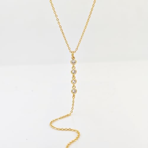 HERIER Lariat Gold Necklace for Women, Dainty Long Necklace 14k Gold Plated/Silver Y-Shaped Layered Beaded Chain Drop Necklaces for Women Trendy Simple Gold Jewelry for Women Gifts - color: Y CZ Lariat Necklace-Gold