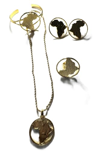 Gold Plated Africa Map Jewelry Set, Necklace, Earrings, Ring and Bracelet, 4 Piece