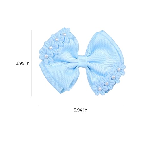 Light Blue Grosgrain Ribbon Bow Hair Clips 2pc 4" Pearl Flower Alligator Hair Pins Barrettes for little Teen Toddler Girls Kids Easter Summer Outfit Accessory Birthday Back School Gift - color: Light Blue