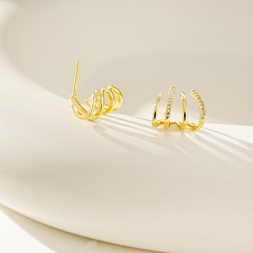 Gold Triple Hoop Illusion Stud Earrings, 14K Chunky Gold Plated Hoop Earrings Cuff Earrings for Women Trendy, Hypoallergenic Earrings Set Jewelry Gift - color: Triple hoop earrings-claw