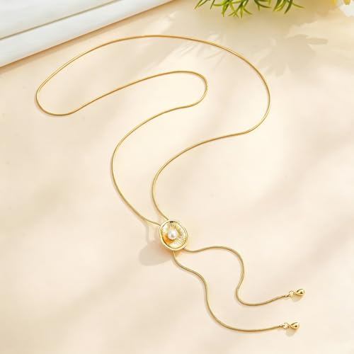 Lariat Necklace for Women 14K Gold Plated Dainty Gold Long Chain Pearl Y Necklace Boho Statement Jewelry for Wedding Prom