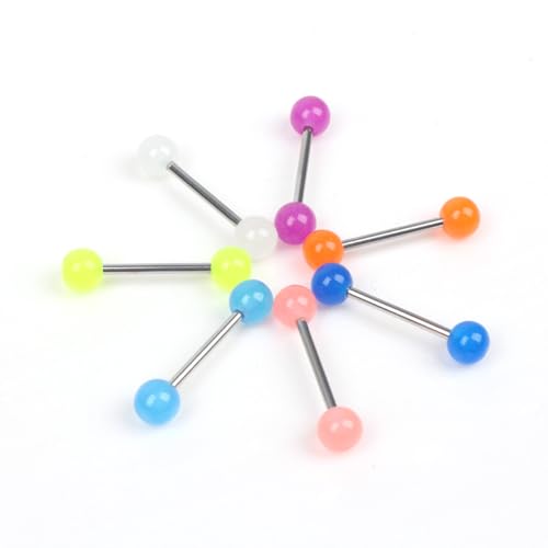 48pcs 14G Stainless Steel Nipple Rings Candy Color Tongue Straight Barbell Piercing Glow in Dark Retainer Piercing Jewelry for Women Men 16mm Bar