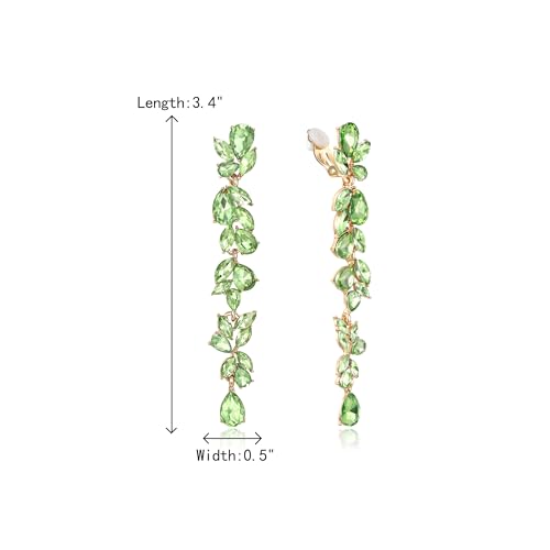Crysdue Clip On Earrings for Women Rhinestone Crystal Teardrop Cluster Wedding Bridal Non Pierced Long Dangle Earring for Prom Party - color: Light Green Silver-Tone
