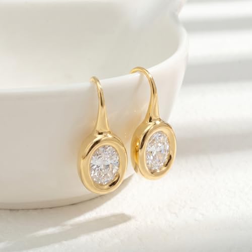 14K Gold & Silver Plated Trendy Bezel Set Cubic Zirconia Drop Earrings Minimalist Teardrop Hook Earrings for Women Diamond Crystal Charm Statement Teardrop Earrings Jewelry Gifts - color: Gold-Elliptical zircon
