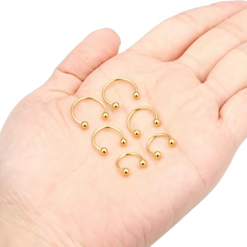 6PCS Septum Rings 18G Stainless Steel Nose Septum Ring Horseshoe Earring Eyebrow Lip Smiley Piercing Jewelry for Women Men Inner Diameter 8mm/10mm/12mm - color: goldtone,ball closure