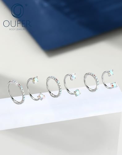 OUFER 2PCS Nose Rings Hoops, 20g Double Gem Horseshoe Threadless Nose Rings for Women, Septum Clicker Daith Tragus Helix Rook Eyebrow Lip Piercing Jewelry - color: Silver AB CZ