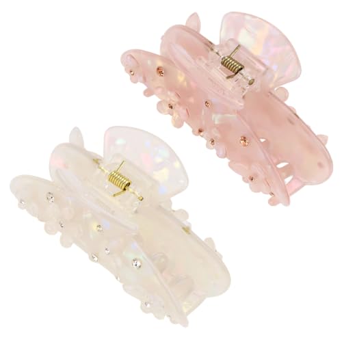 2 Pack Hair Claw Clips, White Pink Rhinestone Floral Large Shark Clips for Thick Hair Women Hair Accessories - color: White and Pink -1