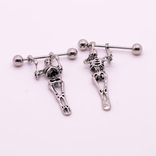 VERAMI 14G 16G Bat Devil Heart Nipple Rings Stainless Steel Heart Nipple Barbell Rings Tongue Rings Body Piercing for Women Men - color: SKULL