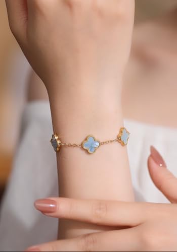 Clover Necklace and Bracelet Set + Four Leaf Clover Earrings, 18K Gold Plated Dainty Jewelry Gift for Women (Pearl White/Ocean Blue/Sweet Lilac) - color: Ocean Blue