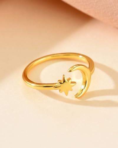 LOVECOM 925 Sterling Silver Moon Star Toe Rings for Women Mom | Dainty 14K Gold Plated Crescent Adjustable Open Band Toe Ring Stacking Summer Beach Foot Birthday Jewelry Gifts to Daughter