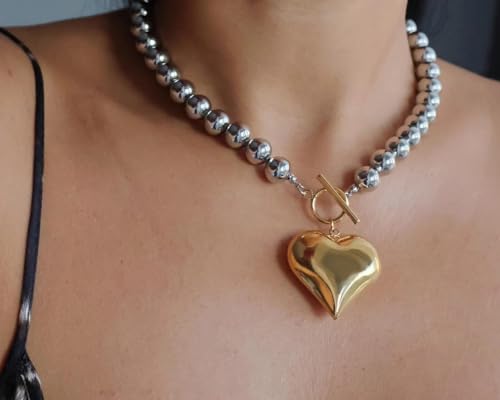NUZON Sunburst Heart / 2-Tone Interlocking/CZ Evil Eye/Single Pearl/Love Heart Pendant Necklace for Women 14K Gold Chain Necklace Chunky Statement Jewelry - color: 2-Tone Heart